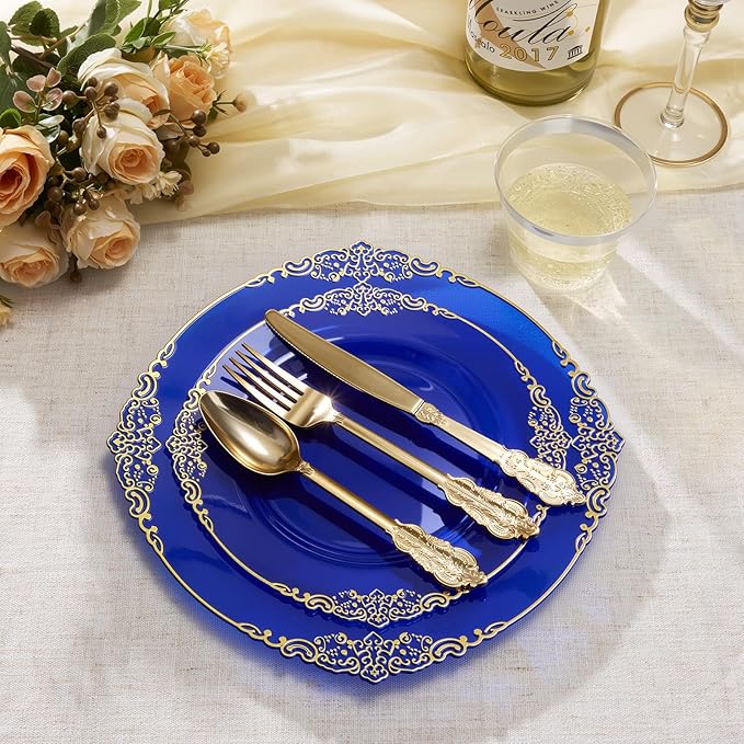 Goodluck 250 PCS Vintage Translucent Blue & Gold Rim Plastic Plates with Cutlery Set - Serves 50 - Heavy Duty Elegant Disposable Dinnerware for Baby Shower, Ocean Theme Party