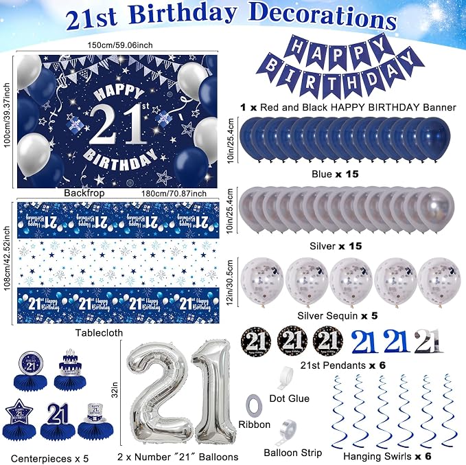 Happy 21st Birthday Decorations for Him Her, Dark Blue Silver 21 Birthday Party Supplies with Backdrop Banner 32 In Foil Number 21 Balloons Honeycomb Centerpieces for 21 Years Old Birthday Decor