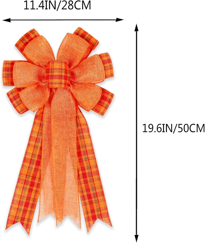 2 Pack Fall Bows for Wreaths Decorations for Home, Halloween Tree Topper Bow, Thanksgiving Bow with Orange Buffalo Plaid Burlap Front Door Outdoor