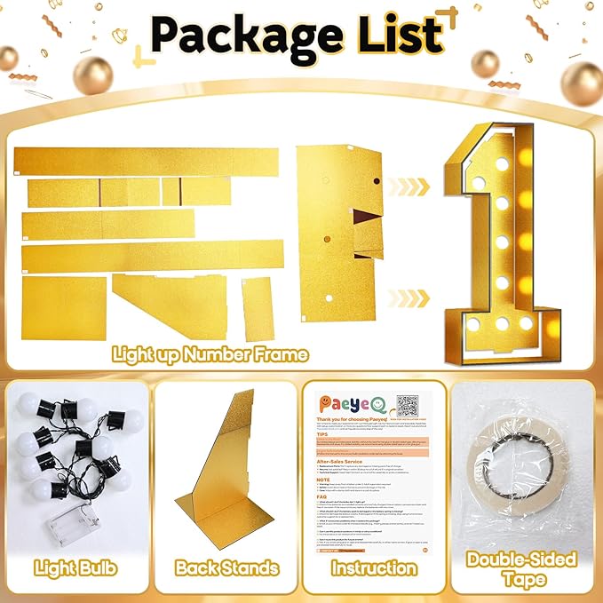 Light Up Number 1, Marquee Light Up Numbers Gold 4FT, Large Led Numbers Lights for First 1st 21st Birthday, 4 Feet Tall DIY Frame Pre-Cut Foam Board Kit for Night Light Party Anniversary Decorations