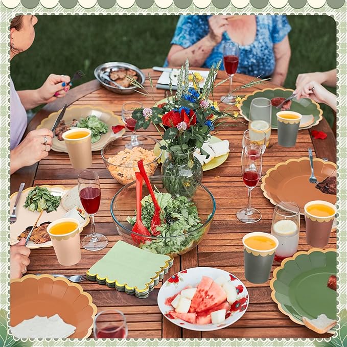 Mimorou 338 Pcs Sage Green and Brown Plates and Napkins Party Supplies for Guests Woodland Baby Shower Tableware Include Forest Scalloped Plates Paper Napkin Cup Spoon Fork Knife for Wedding Birthday