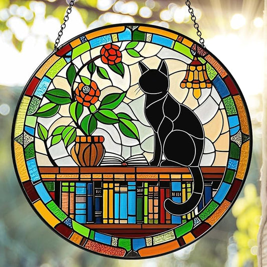 Cat Sun Catcher Stained Glass Window Hanging 6'', Book Lover Gifts for Women Book Wall Decor Handmade Sun Catcher Black Cat Sitting On Bookshelf Decoration for Home Room Housewarming Gifts