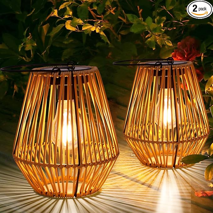 Solar Lantern,2 Pack Solar Wicker Lanterns Outdoor Waterproof Boho Lights for Outside Hanging Rattan Lights Outdoor Patio Lanterns Decoration for Garden,Yard,Porch,Trees,Lawn,Pathway