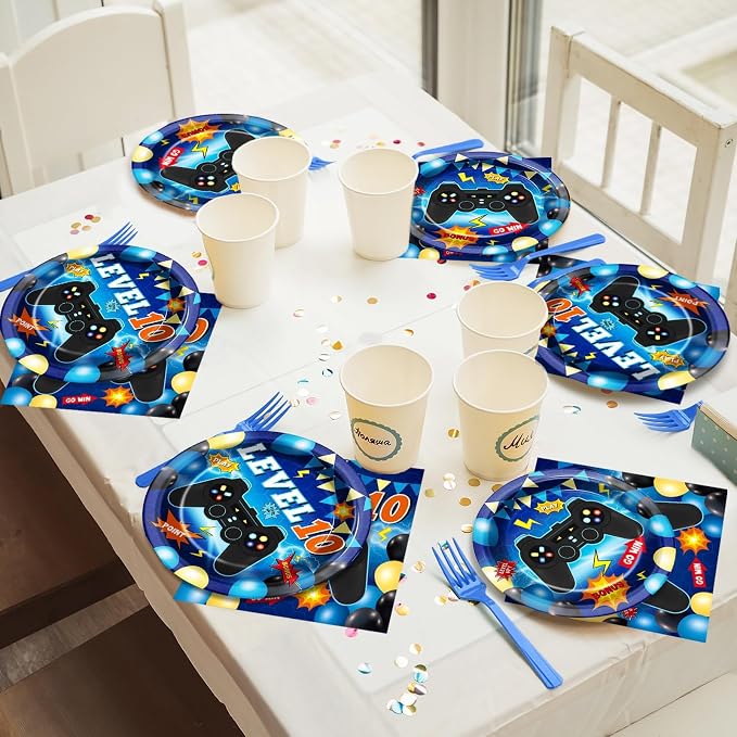 96Pcs Level 10 Plates and Napkins Sets Level Up 10 Unlocked Birthday Decorations 10th Birthday Plates for Boys Video Game Supplies 10th Blue Gaming Pattern Design Party Favors for 24 Guests