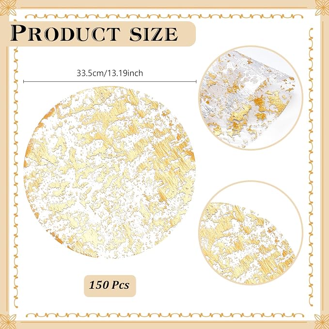 150PCS Disposable Gold Placemats Set, 13 Inch Gold Foil Table Mats Bulk, Metallic Mesh Pressed Round Doilies for Tables, Paper Placemats for Wedding Birthday Dining Party Table Home Decor