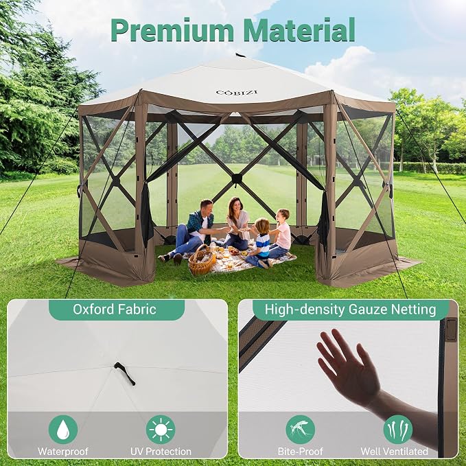 COBIZI 12x12 FT Pop Up Canopy Shelter Tent, Large Gazebos On Clearance with Sidewalls, Screened in Gazebo, Screen Tents Portable carpas para Patio for Outdoor Camping, Backyard, Garden, Beach,Brown