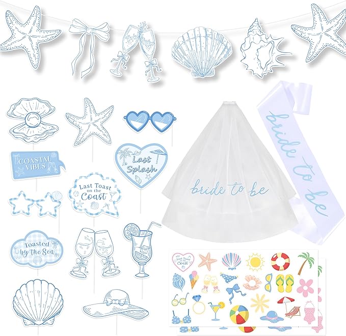 Last Toast on The Coast Bachelorette Party Decorations Kit, Coastal Bachelorette Photo Booth Props Beach Coastal Banner Bride to Be Sash Veil Temporary Tattoos Bridal Shower Decorations