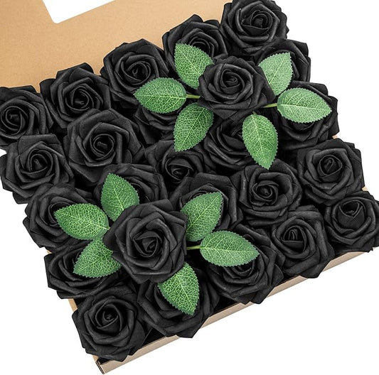 DuHouse 25Pcs Artificial Roses Flowers Fake Roses with Stems Real Touch Foam Flowers for DIY Wedding Bouquet Centerpiece Halloween Floral Arrangement Party Home Decor(Black)