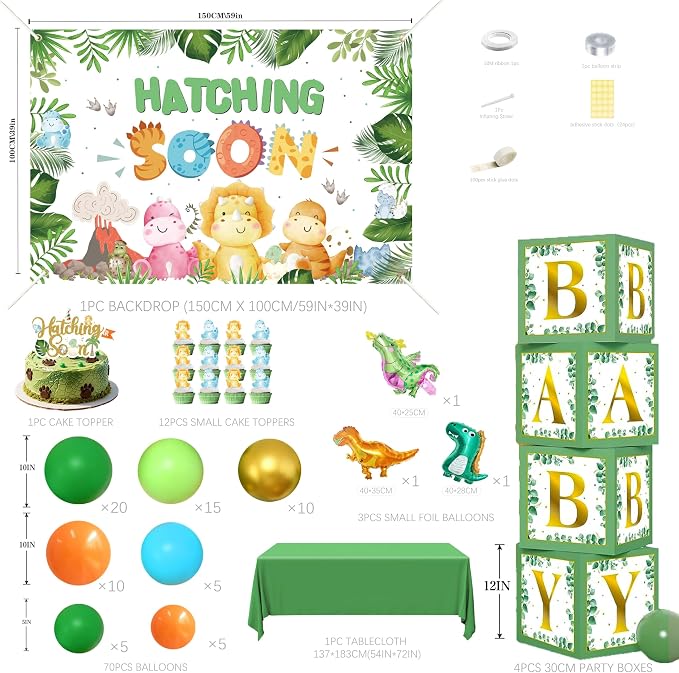 Hatching Soon Dinosaur Baby Shower Decorations for Boy, 96Pcs Jungle Theme Party Supplies with 4 Baby Boxes, 5x3ft Backdrop, Green Balloon Garland Arch Kit & Tablecloth for It's a Boy Reveal