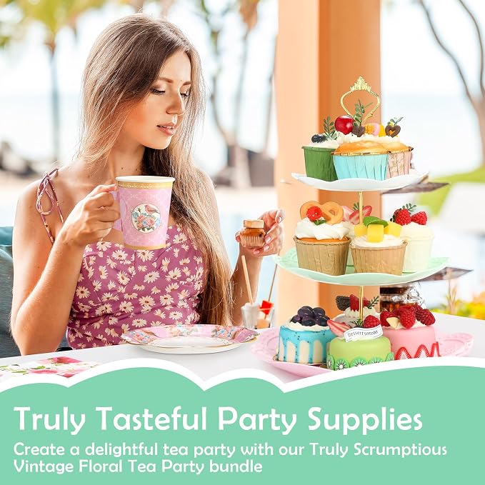Layhit 83 Pcs Disposable Tea Party Set with 3 Tier Cake Stand Vintage Floral Paper Cups Plates Napkins Cutlery for Women Girls Birthday Baby Shower Bridal Shower Tea(Vivid)