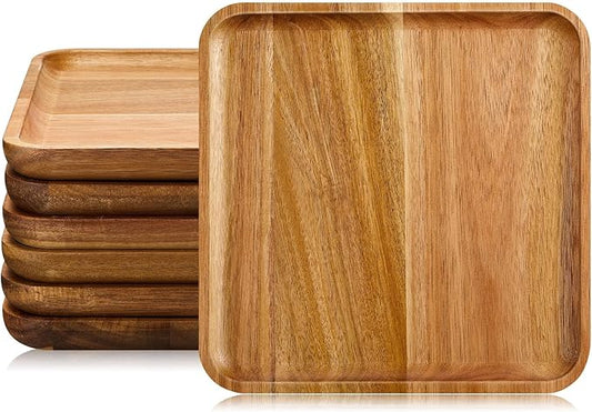 Didaey 6 Pcs Acacia Wood Square Plates 10" Wooden Plates Serving Trays for Meal Dishes Snack Dessert, Easy Cleaning and Lightweight, Not Dishwasher