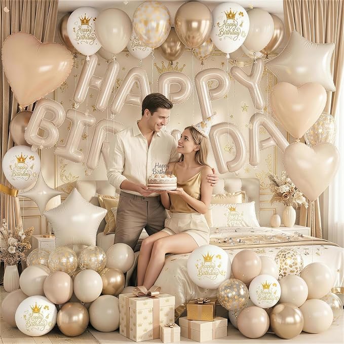 Boho Cream Beige Birthday Decorations for Women Neutral Nude Sand White Champagne Gold Print Balloons Gold Confetti Balloon Happy Birthday Banner Heart Balloons Star Balloon for Bday Party Supplies