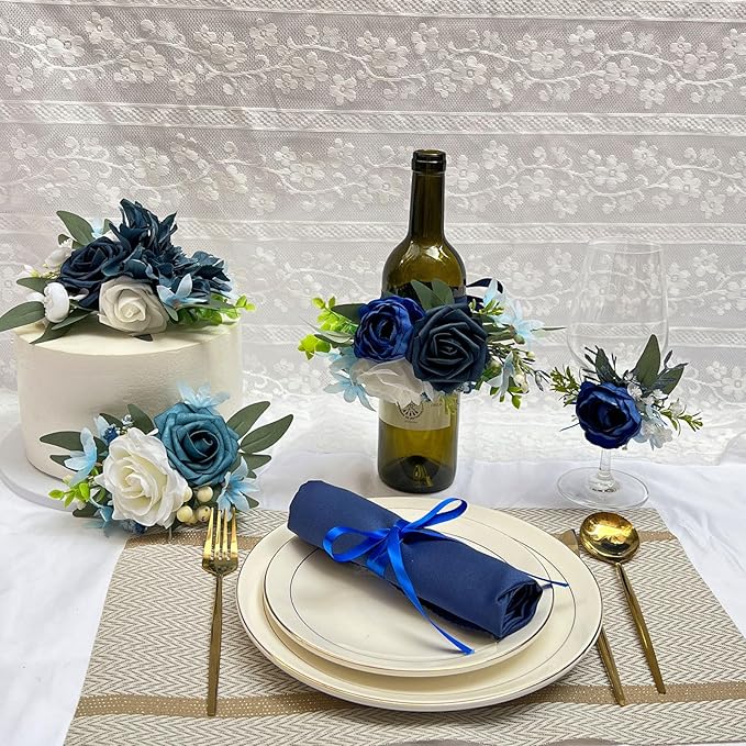 CherishedMoments 1Pcs Wine Bottle Flower Set, Dining Tables, Plates Decorations，Navy Blue Artificial Flowers Wine Cup for Wedding Ceremony Anniversary, Wedding Home Decor