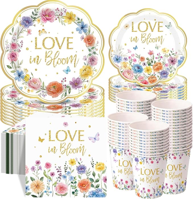 Pickmesh 250 Pcs Love in Bloom Bridal Shower Disposable Tableware Set Floral Love in Bloom Disposable Paper Plates Napkins and Cups for Wedding Party Supplies Bridal Shower Engagement, Serve 50 Guest