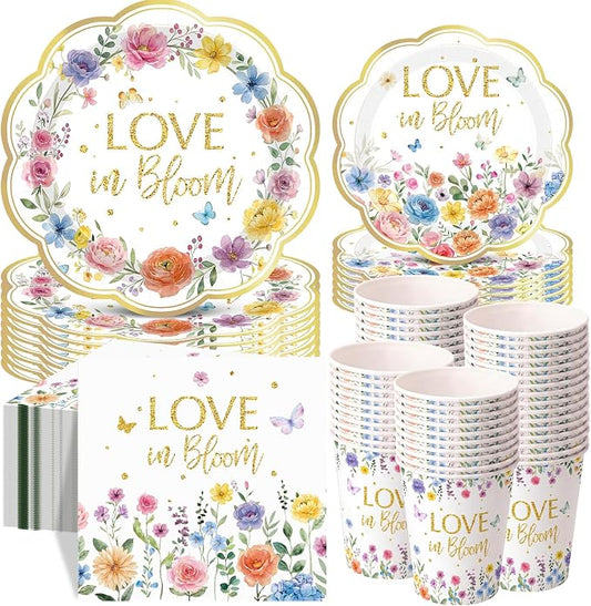 Pickmesh 250 Pcs Love in Bloom Bridal Shower Disposable Tableware Set Floral Love in Bloom Disposable Paper Plates Napkins and Cups for Wedding Party Supplies Bridal Shower Engagement, Serve 50 Guest