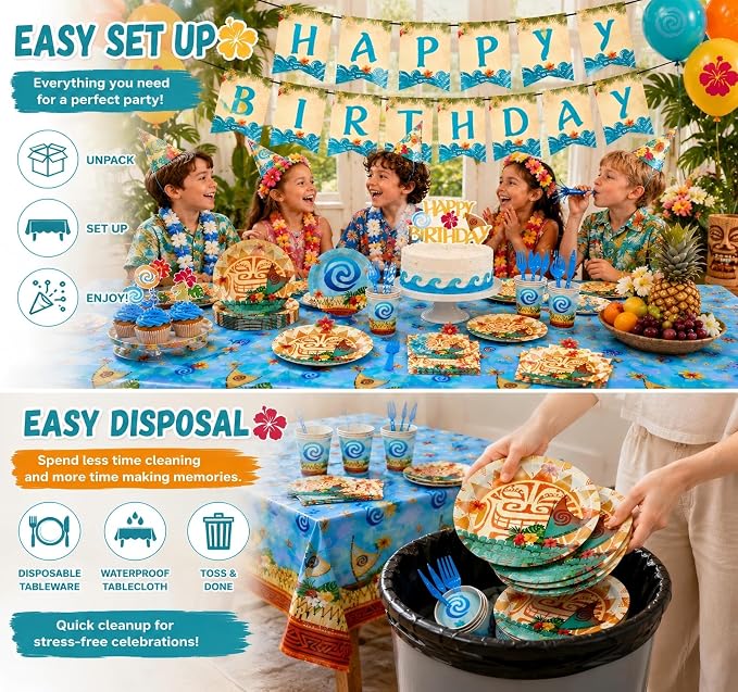 170PCS Tropical Birthday Party Decorations Set - Hawaiian Luau Tableware Set with Plates, Cups, Napkins, Cutlery, Tablecloth & Banner for Ocean Princess Party Supplies, Serves 24 Guests