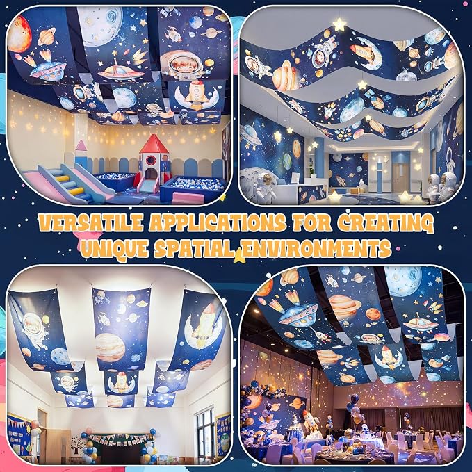 Gilprop 3 Pack Space Galaxy Ceiling Decorations for Classroom 24" x 12 ft Astronaut Rocket Planet Universe Hanging Banners, Outer Space Theme Decor for Nursery School Church Sunday Birthday Party