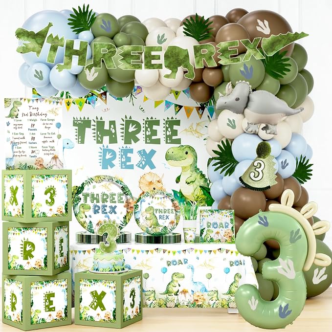 Costova Three Rex Birthday Decorations Boy, Dinosaur 3rd Birthday Party Supplies Kit with Tableware Set, Plates, Napkins, Cups, Backdrop, Boxes, Tablecloth for Boys 3 Year Old Jungle Safari