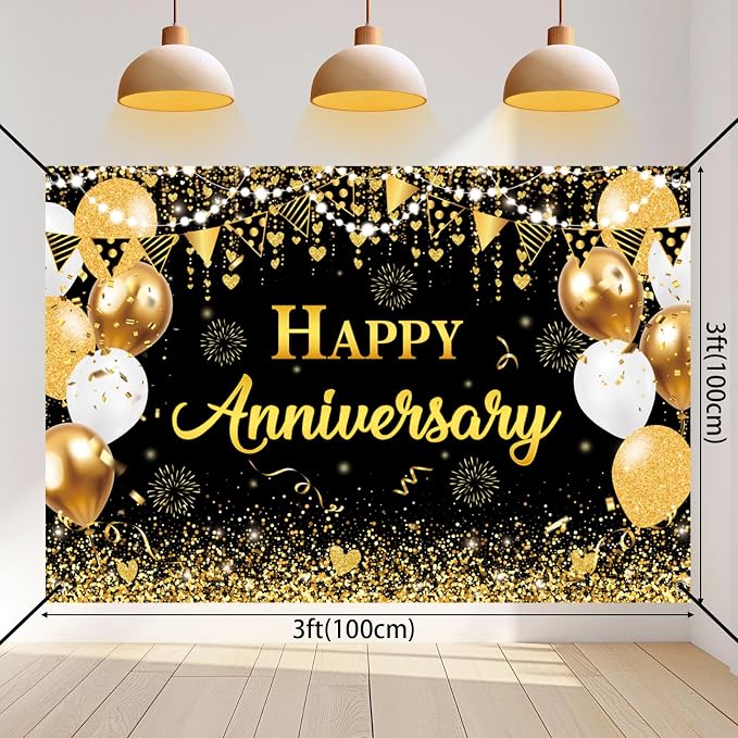 Happy Anniversary Decorations - Black Gold Wedding Party Decorations Kit, Happy Anniversary Banner, Backdrop, Hanging Swirls for Work Decorations (Black Gold)