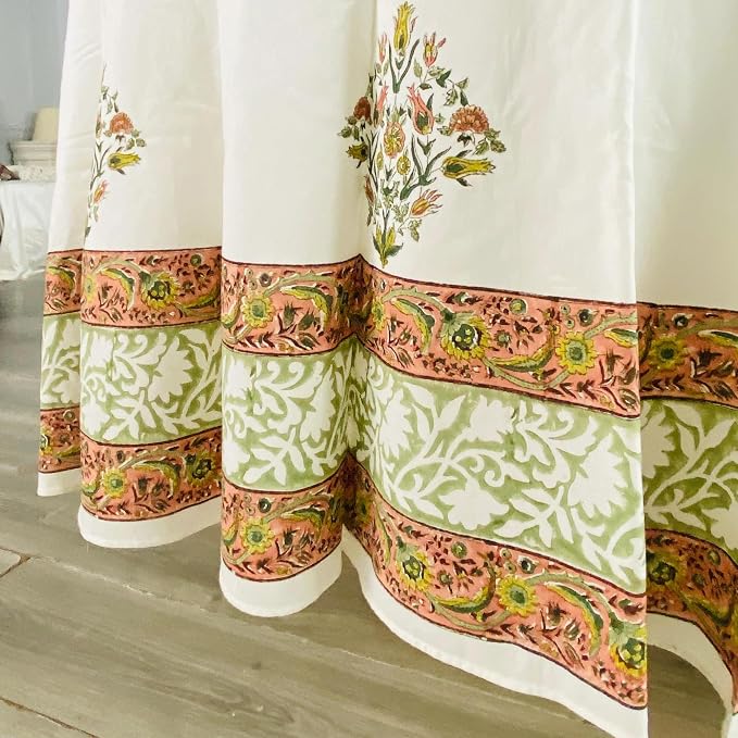 Ridhi Round Tablecloth Hand Block Print 100% Cotton Reusable Sage Green Salmon Pink 132 Inch Table Cover Decorative Everyday Use for Dining, Home, Party, Wedding, Farmhouse Gift Spring, Mother's Day