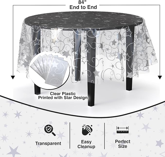 Exquisite Clear Silver Star Tablecloth Plastic 12-Pack Disposable Round Tablecloths 84" Silver Star Table Cloths Round Table Covers Plastic Tablecloth for Party Decorations