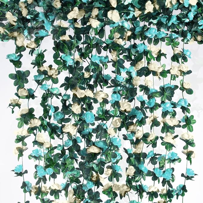 PONKING 6 Pcs x 8.2 ft Flower Garland Artificial Rose Vine Flowers with Green Leaves Hanging Fake Roses Vine for Room Party Home Wedding Birthday Christmas Wall Arch Decor, White Blue Flower