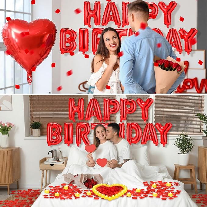 Red Happy Birthday Balloons Decorations Happy Birthday Letter Balloons Banner Set with 24pcs Heart Flameless LED Candles and 2000pcs Artificial Rose Petals for Women Men Room Party Decor