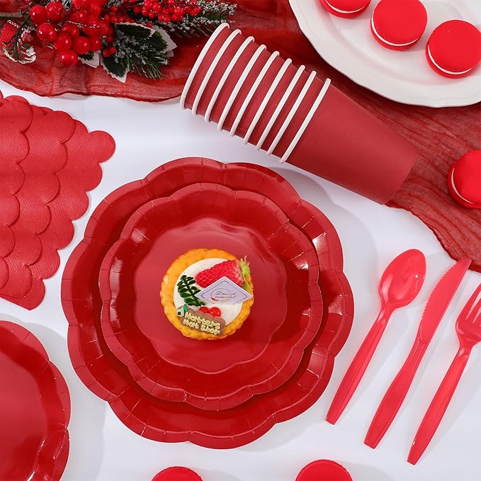 NatNarr 175 Pcs Red Paper Plates and Napkins Set Include 9" Dinner Plates, 7" Dessert Plate Disposable Scalloped Tableware Serve 25 Guest for Wedding Baby Shower Bridal Shower Birthday Mother's Day