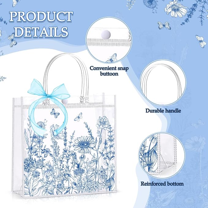 Hosuly 24 Pcs Blue White Floral Party Favor Bags with Handles, Clear PVC Wildflower Goodie Treat Vintage Gift Bags for Wedding Bridal Baby Shower Birthday Party Favors Supplies 7.9 x 7.9 x 3.1 Inch
