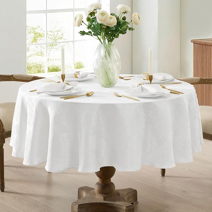Newbridge Barcelona Luxury Damask Fabric Tablecloth, 108” Round, White, 100% Polyester, No Iron, Soil Resistant Dining Room, Party and Banquet Table Cover