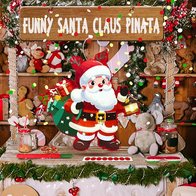 4 in 1 Christmas Santa Claus Piñata, Christmas Piñata Bundle Cute Santa Claus Piñata, Christmas Party Games Stick Blindfold etc Christmas Decorations for Christmas Party Decorations