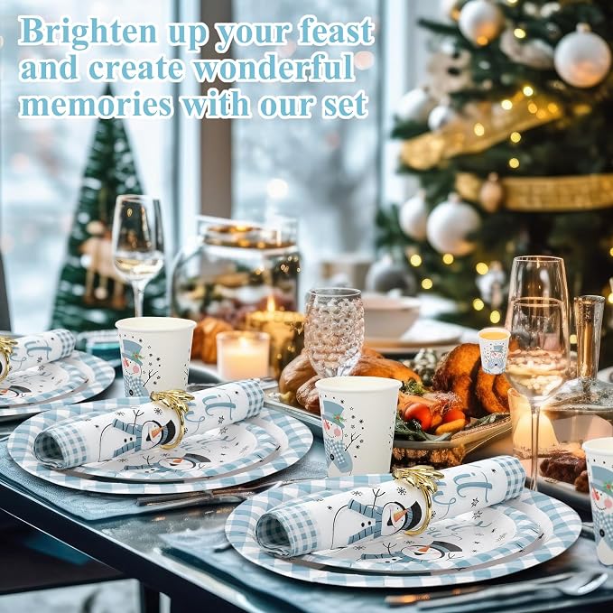 Funnymoom 250 Pcs Winter Snowman Paper Plates and Napkins Party Supplies Blue White Buffalo Plaid Winter Disposable Tableware Set for Christmas Holiday Party Decoration