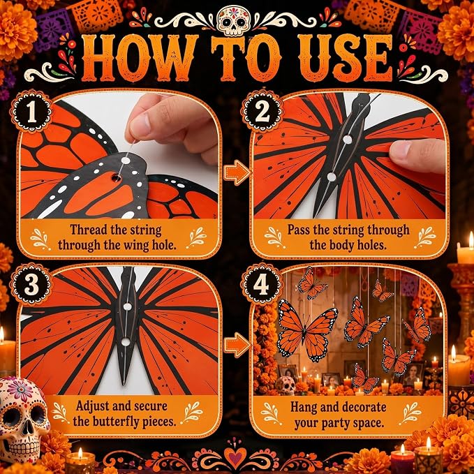 18 Pcs Large Monarch Butterfly Decorations 15.7'' 9.8'' 3D Fall Artificial Monarch Butterflies Wall Decal Decor Dia De Los Muertos Day of The Dead Decoration for Birthday School Classroom