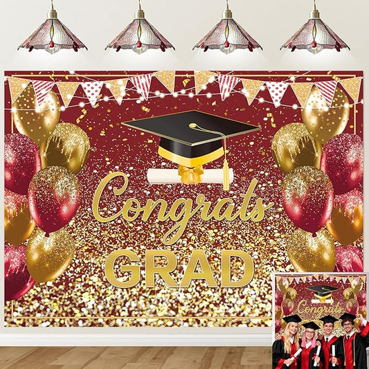 2026 Graduation Backdrop Red Gold Congrats Grad Bachelor Cap Balloon Prom Send Off Photography Background School Celebration Class of 2026 Party Decor Banner Photo Props (Red Gold, 7x5FT)