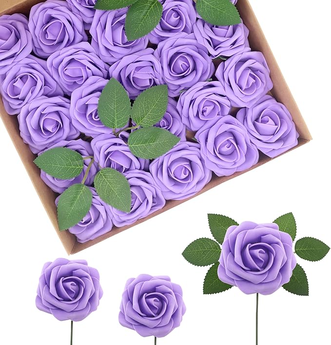 JOYLEX Artificial Flowers Realistic Roses, 50pcs Real Looking Fake Roses with Stem for DIY Wedding Bouquets Centerpieces Bridal Shower Party Home Romantic Decorations (50pcs, Purple)
