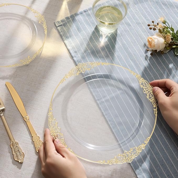 Goodluck 250 PCS Vintage Clear & Gold Rim Plastic Plates with Cutlery Set - Serves 50 - Heavy Duty Elegant Disposable Dinnerware for Wedding, Bridal Shower, Anniversary