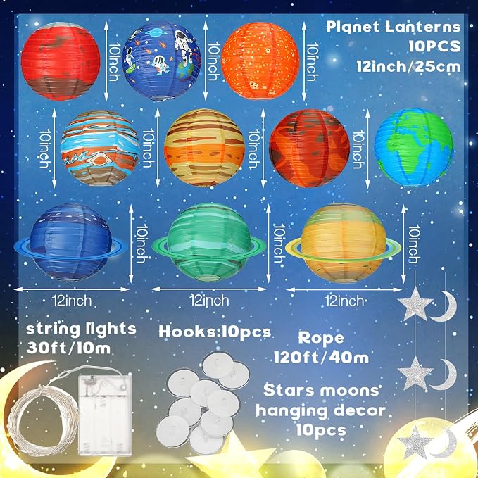 Baquler 32 Pcs Space Ceiling Decoration for Classroom Solar System Paper Lanterns Galaxy Star Moon Hanging Ornament 30 ft LED String Lights Hook Rope for Back to School Kid Party VBS Decor