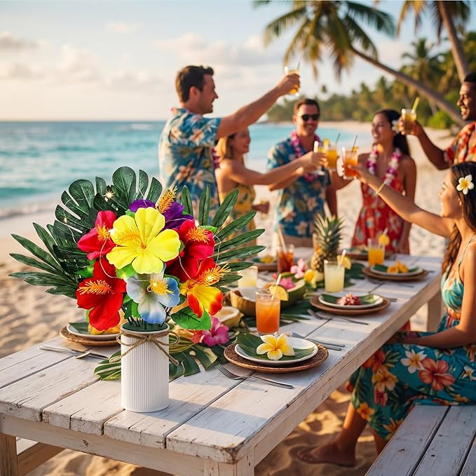 XunYee 6 Sets Hawaiian Party Table Centerpiece Decorations, Tropical Artificial Hibiscus Flowers with LED String Lights, Palm Leaves and Metal Vases for Luau, Tiki, BBQ Summer Beach Party Table Decor
