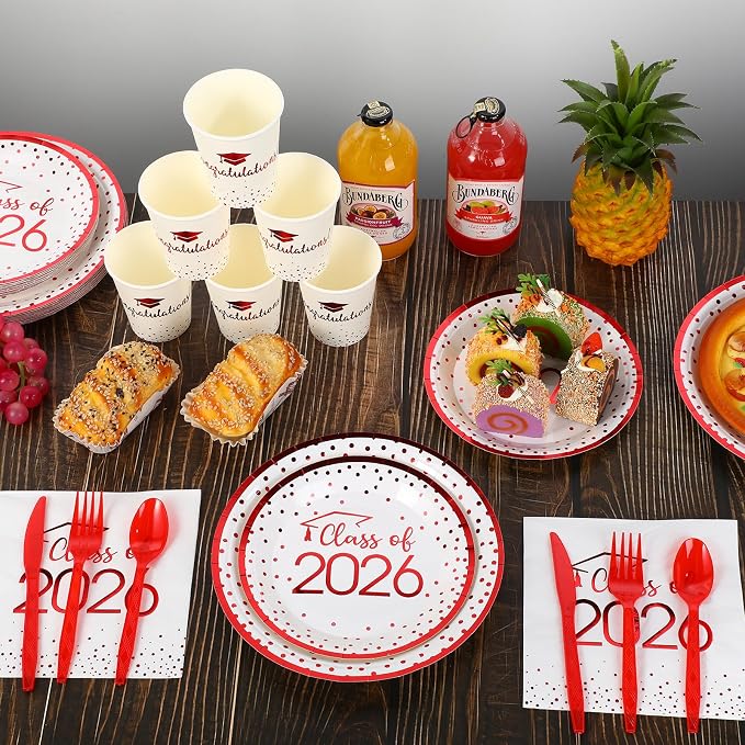 175pcs Class of 2026 Graduation Plates and Napkins Set, Disposable Paper Plate Set Polka Dots Napkins Cups Knife Fork Spoon for Graduation Party Decorations and Supplies,Serve 25 (White Red)