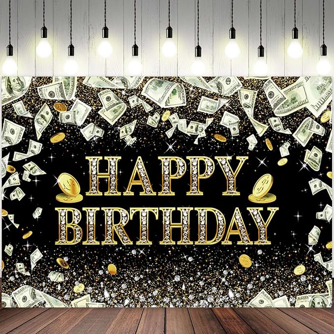 6x4ft Happy Birthday Backdrop Dollar Bill Theme Photography Background Money Glitter Diamond Girls Boys Birthdays Party Banner Decorations Gold Coins Men Women Parties Photo Booth Prop