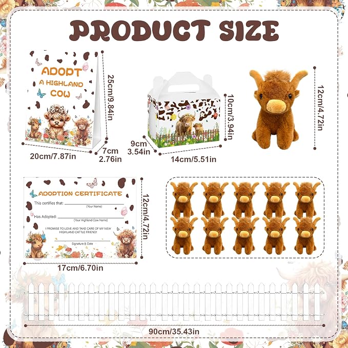 38 Pcs Adopt a Highland Cow Plush Party Favors Include 12 Highland Cows Stuffed Animal 12 Adoption Card 12 Cattle Theme Boxes 1 Adoption Sign 1 Fence for Birthday Party Favors Stress Relief Gifts