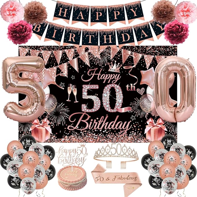 50th Birthday Decorations for Women, JKIYT Black Rose Gold Happy 50 Years Old Decor for Her Include Sash and Crown, 30pcs Balloons Banner 40" Number Balloons, Backdrop Cake Topper & Paper Pom Poms
