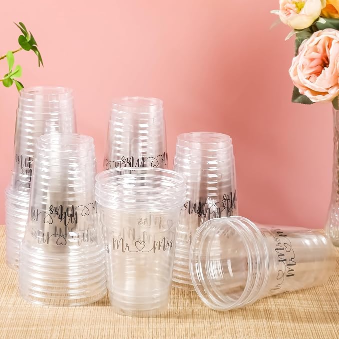 AimFun 50Pcs Mr and Mrs Plastic Cups Wedding Bridal Shower Disposable Party Cups Wedding Reception 12oz Clear Drinking Cup for Anniversary Birthday Party Supplies Decorations (50, Black)