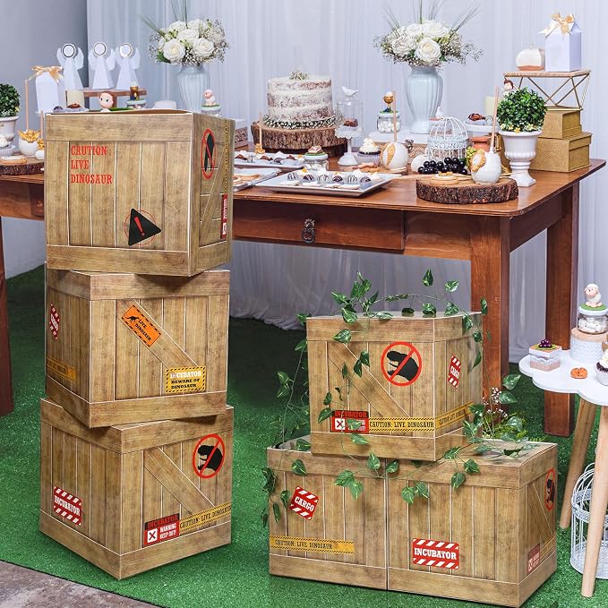 Bucherry 6 Pcs Dinosaur Party Decorations 6dino Theme Boxes 12 x 12 x 12 Inch Dino Birthday Table Centerpieces Decor for Birthday Party Dinosaur Trunk or Treat Car Decorations(Light Brown)