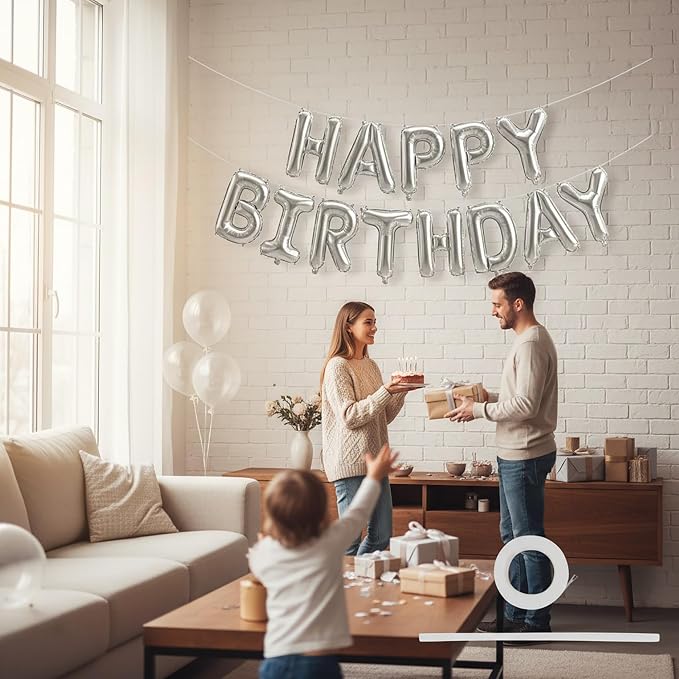 Silver Happy Birthday Banner Foil Letter Balloon, 14 Inch 3D Inflatable Party Decor Reusable Mylar Foil Letters, Birthday Decorations for Women Men Kids (Birthday Banner 3)