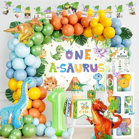 One a Saurus Dinosaur First Birthday Party Decorations - Dino Themed 1 Year Old Backdrop Banner Balloon Cake Topper Crown Box Cutouts Poster