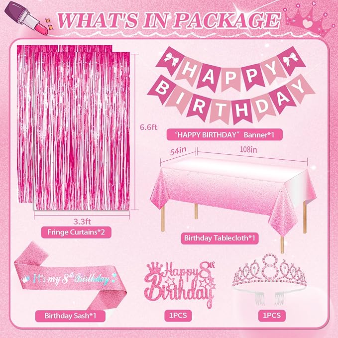 8th Birthday Decorations for Girls, Pink Party Decorations with Number 8 Balloon Happy Birthday Banner Bday Sash Crown Tablecloth Fringe Curtain Hanging Swirl for 8 Balloons for Bday Girl