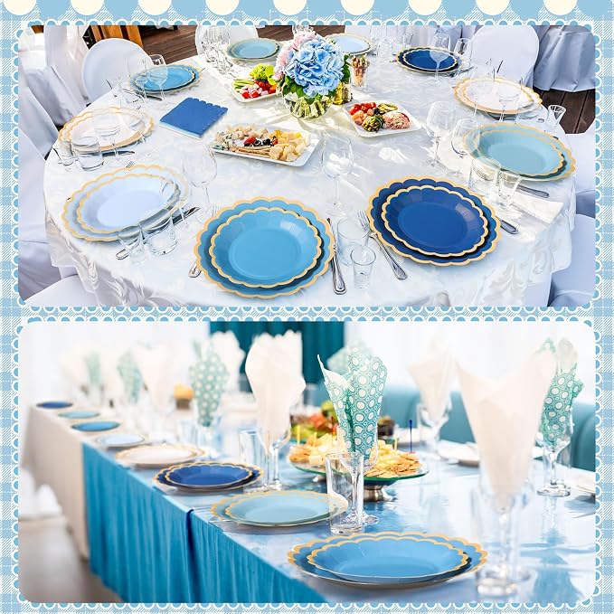 Zhehao 150 Pcs Blue Plates and Napkins Tableware Serves 50 Includes 9 Inch 7 Inch Blue Scalloped Paper Plate and Napkins for Ocean Sea Wedding Birthday Baby Shower Party