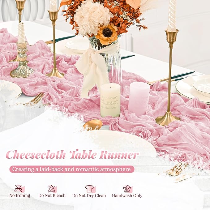 12 Pack Light Pink Table Runner, 10FT Cheesecloth Table Runner Long Romantic Semi Sheer Rustic Boho Gauze Table Runners for Wedding Bridal Shower Birthday Party Decorations(21.5×120 Inch)