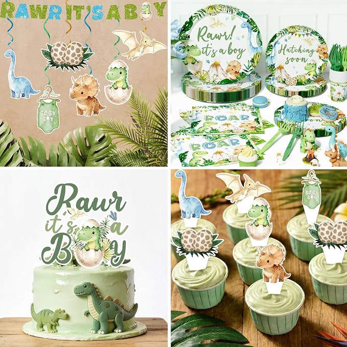 Hombae Dinosaur Baby Shower Decorations Boy, Hatching Soon Baby Shower Party Supplies with Rawr It's a Boy Tableware, Plates, Napkins, Hanging Swirls for Boys Dino Theme Party, Serves 24